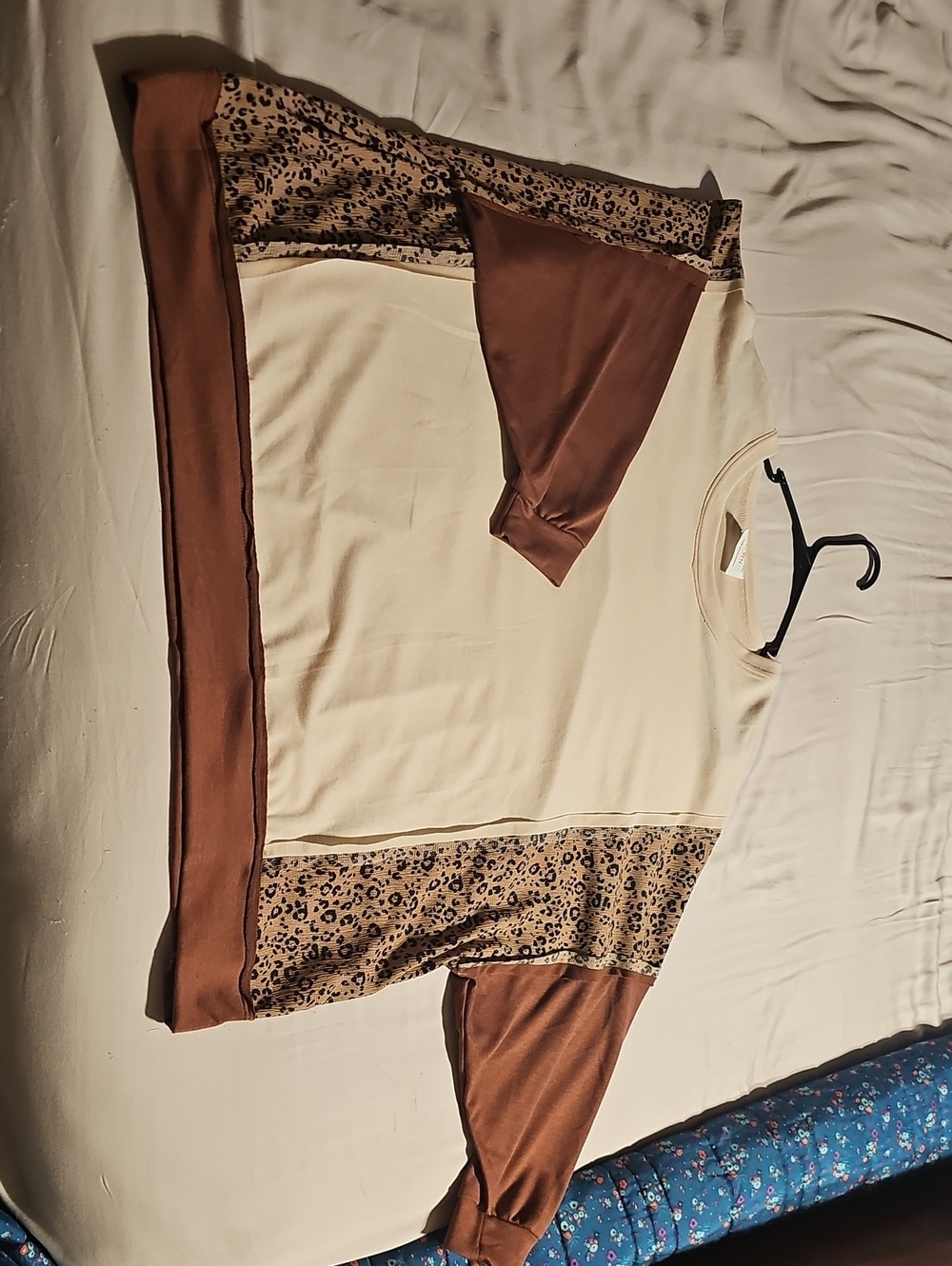 Fantastic Fawn Cream and Brown Colorblock Long Sleeve Top with Leopard Trim